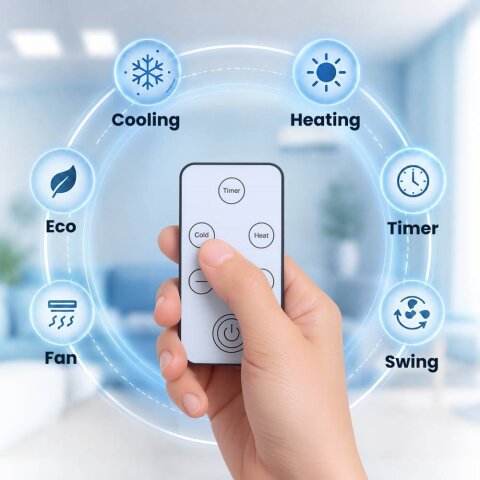 A hand holding the BlizzAir remote with its cooling, fan, eco and timer settings