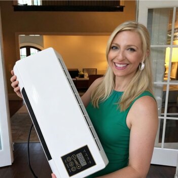 A woman at home beside a portable cooler